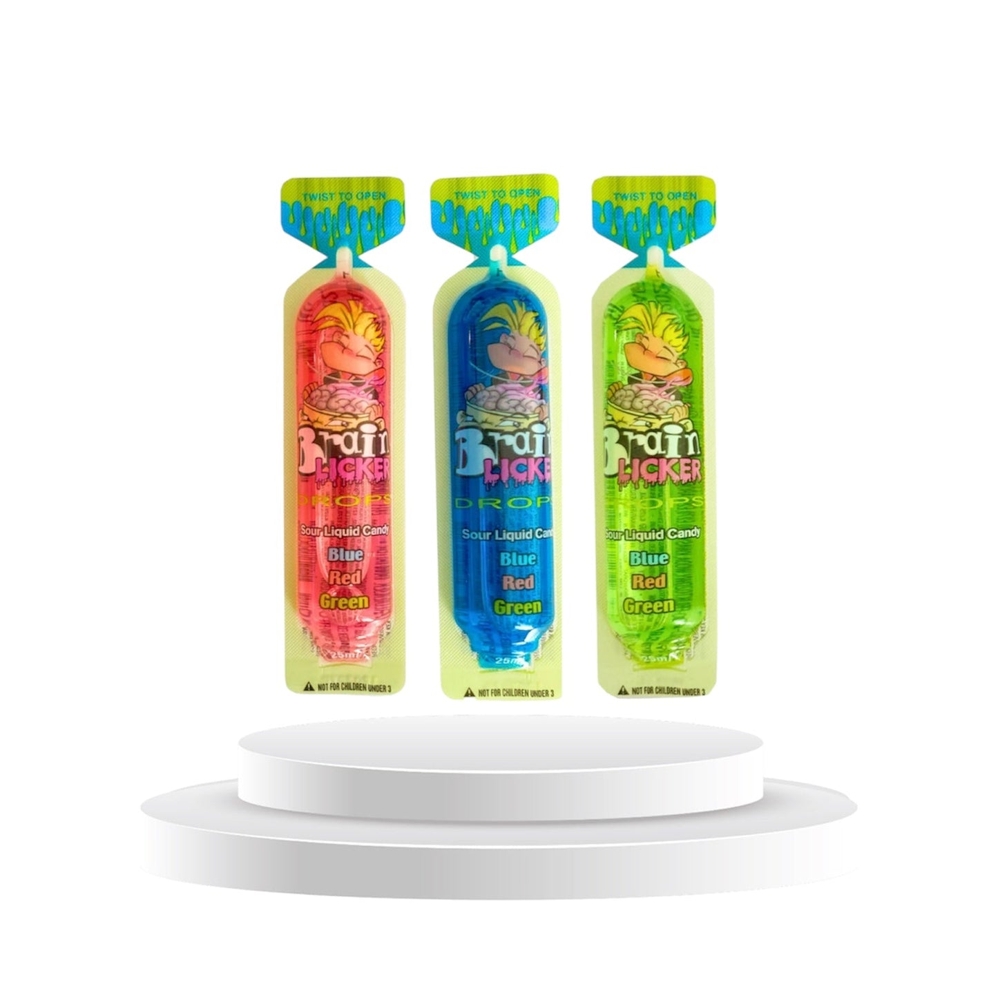 Brain Licker Drops (Sour Liquid Candy, Blue/Red/Green 25ml) 1 Kolli = 30 Stk