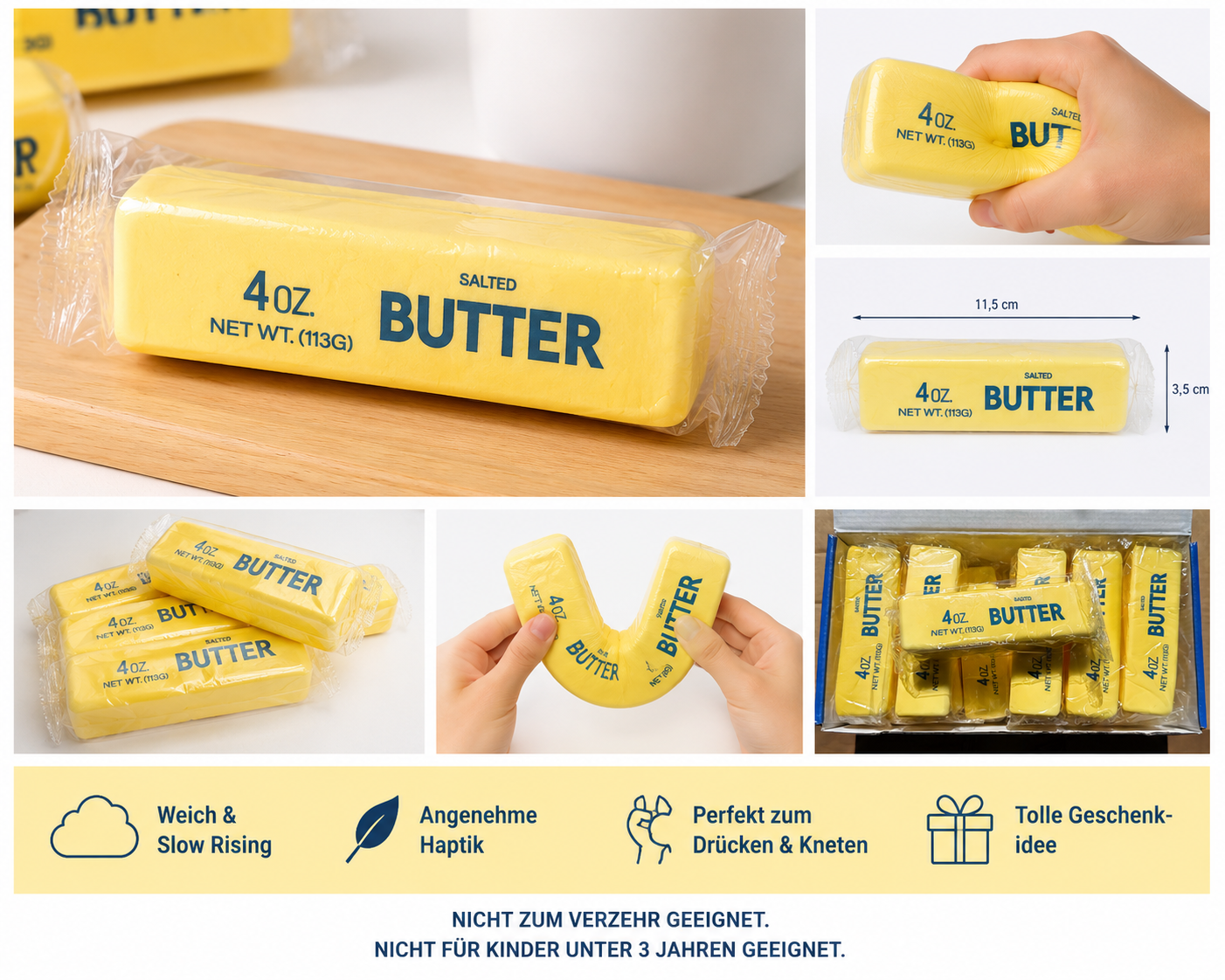 Butter Squishy 113g – Realistische Anti-Stress Butter Attrappe
