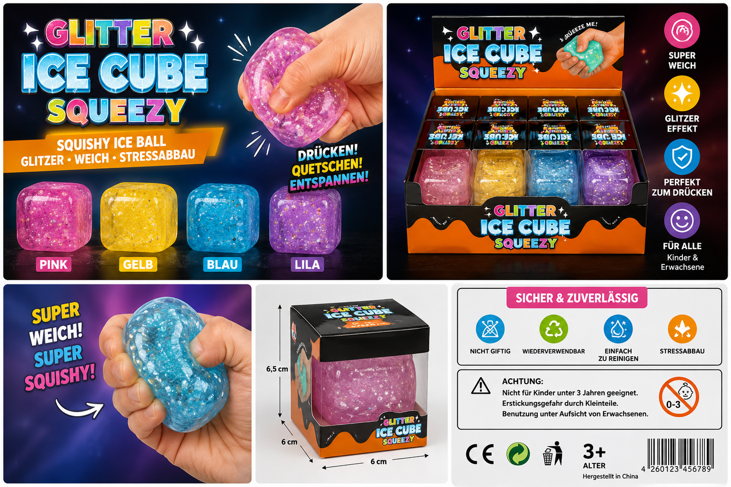 Glitter Ice Cube Squeezy Anti-Stress Squishy Würfel