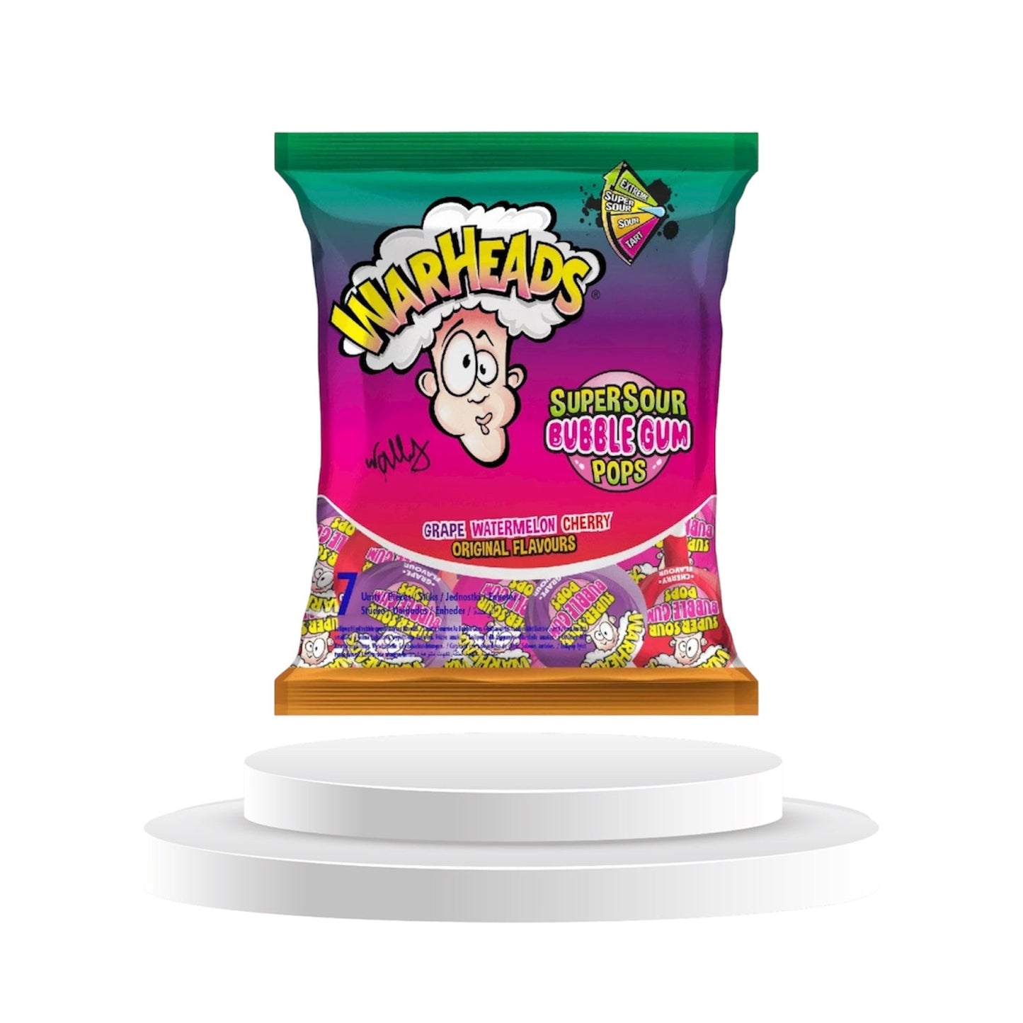 Warheads Super Sour Pops Grape Watermelon Cherry 105g 1 Kolli = 22 Stk